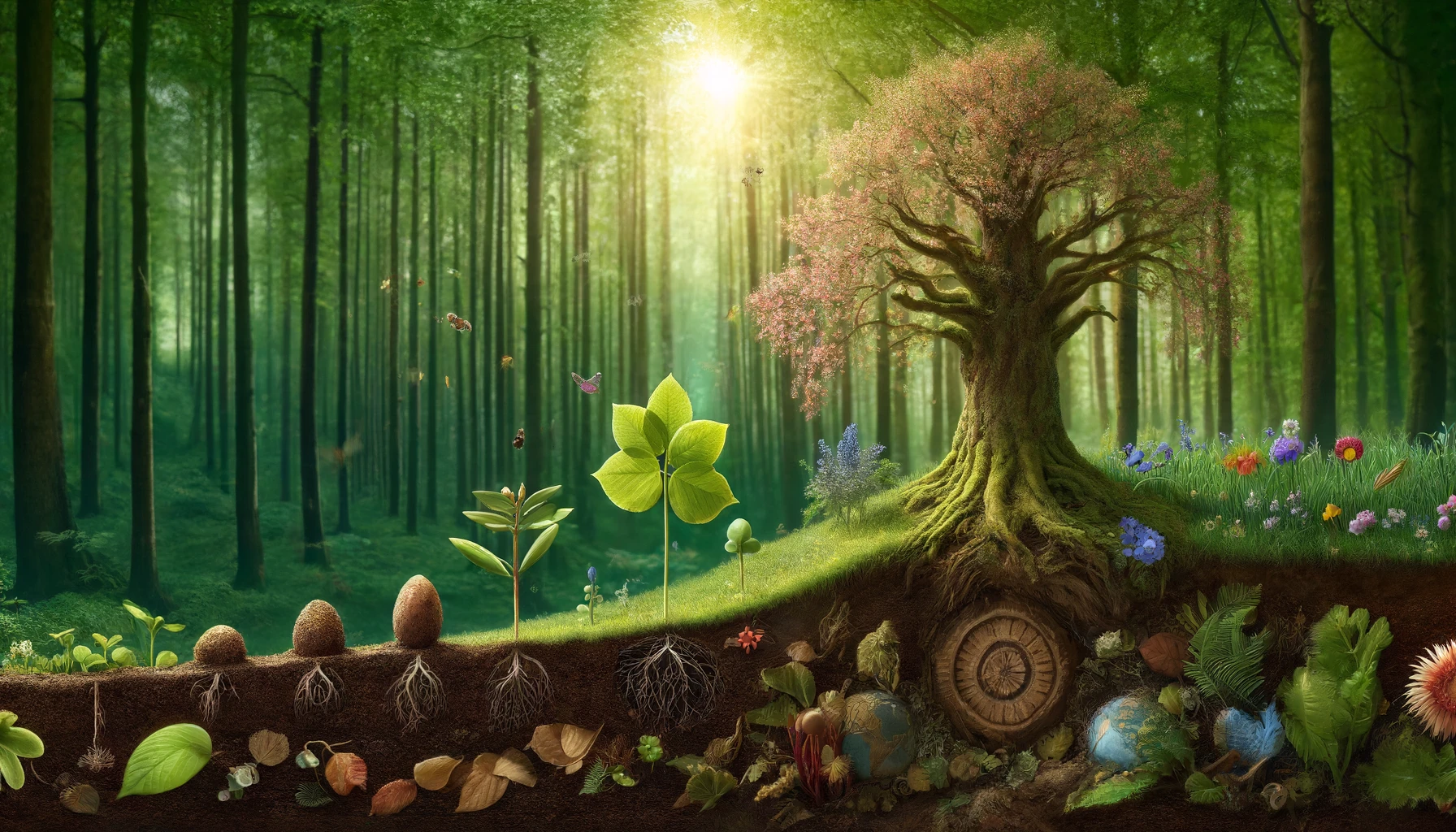 A high-definition depiction of a natural lifecycle in a forest setting, suitable for a blog cover image, with a wide aspect ratio. The image illustrates the journey from seed to mature tree, featuring a progression from left to right: a small seed sprouting in rich, dark soil, a young sapling with tender leaves, a tree in full bloom with colorful flowers, and finally, an ancient tree with a thick trunk and sprawling branches, covered in moss and surrounded by fallen leaves. The lush, green forest and soft sunlight filtering through the leaves create a tranquil and detailed atmosphere.